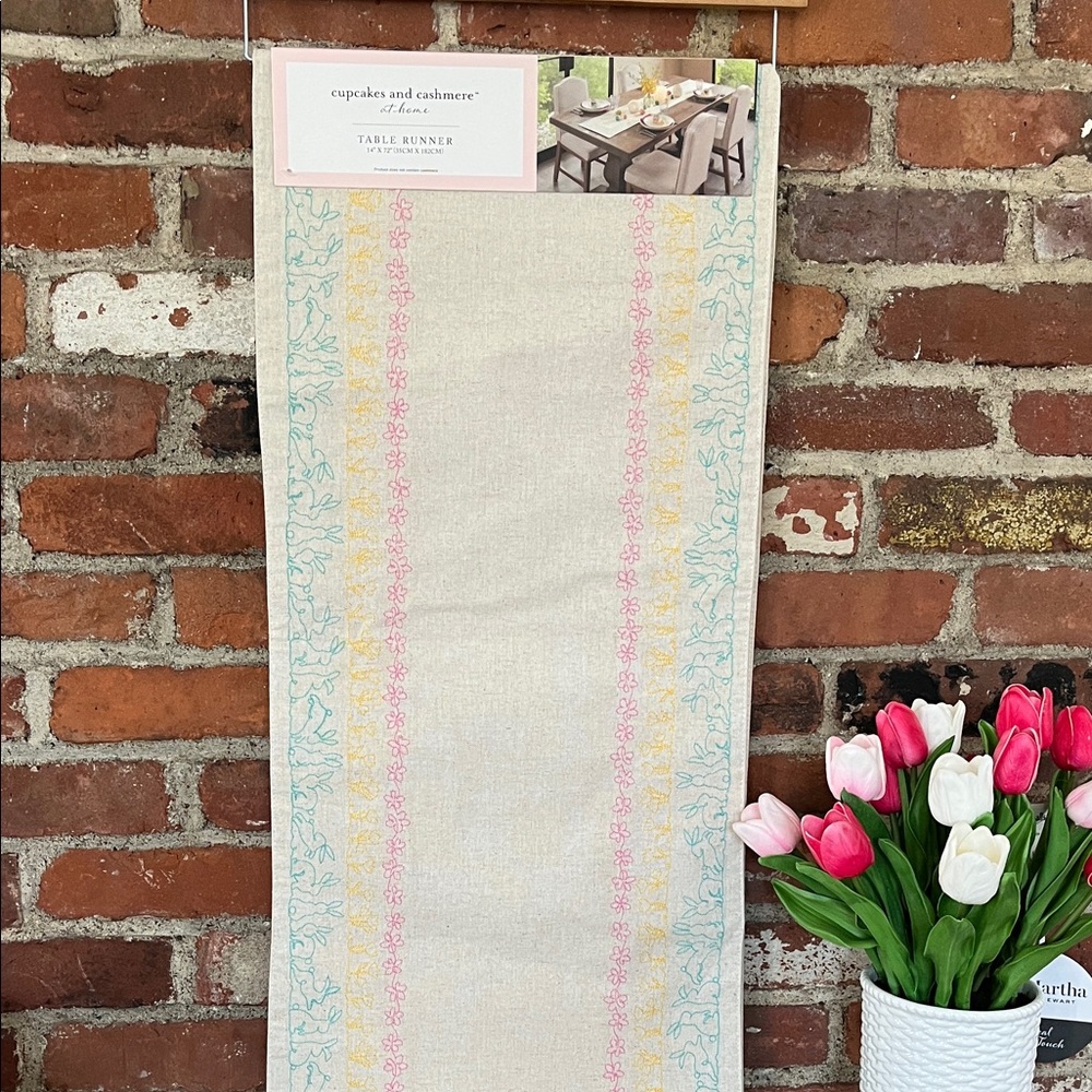 cupcakes & cashmere easter Linen Table Runner with Pink, Yellow, and Blue bunny